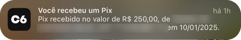 Pix de R$ 250,00 recebido em 10/01/2025